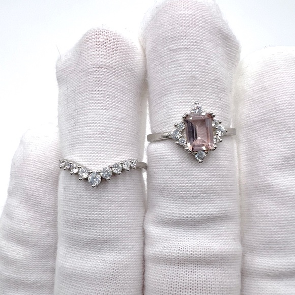 .925 Sterling Silver Light Morganite Cz & Clear Cz 2 PC Ring Set - Picture 10 of 17